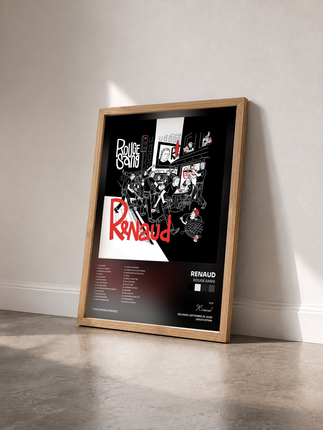#bois Tableau de l'album Rouge Sang de Renaud vu de trois quarts, cadre en bois brut