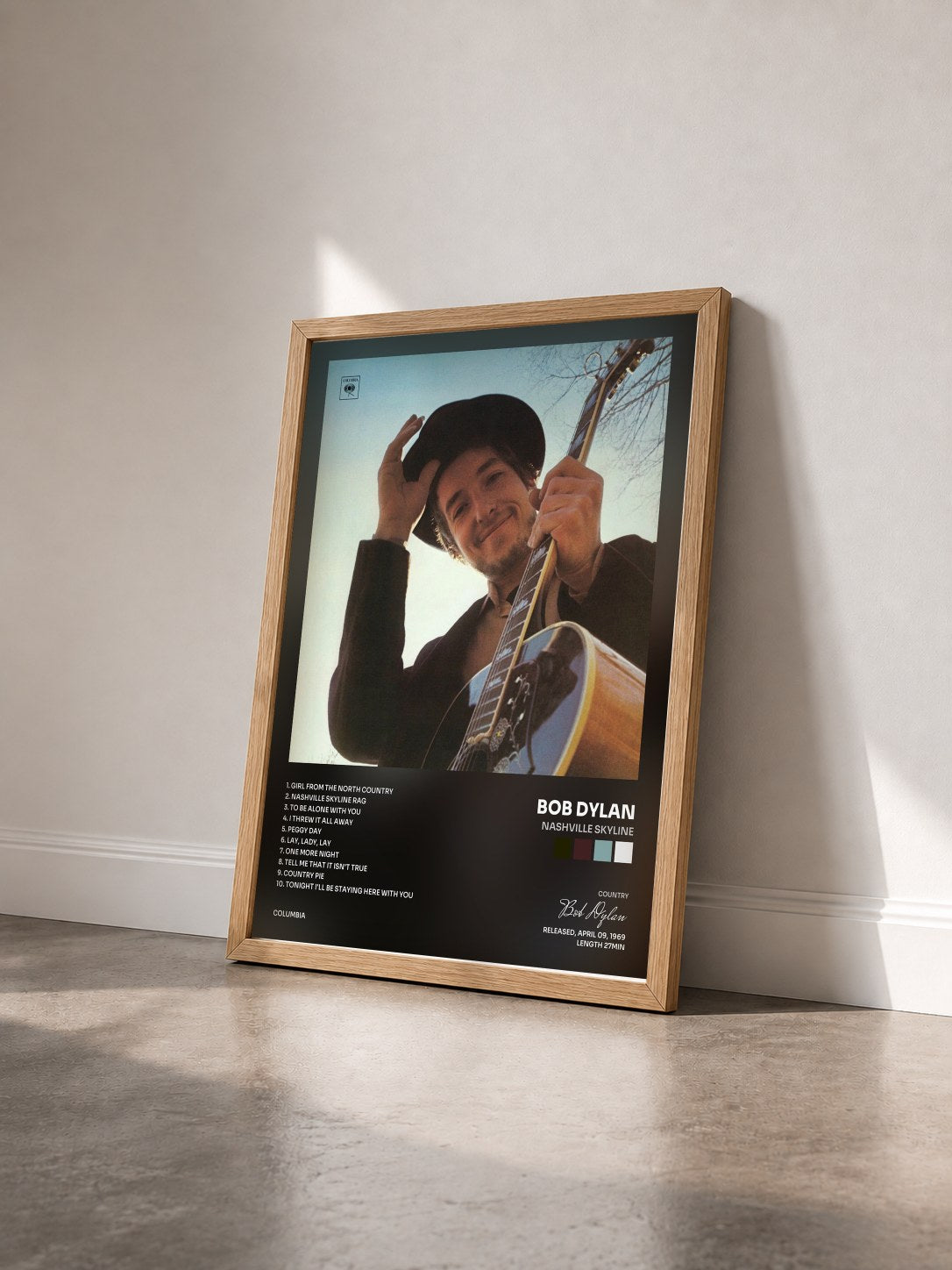 #bois Tableau de l'album Nashville Skyline de Bob Dylan vu de trois quarts, cadre en bois brut