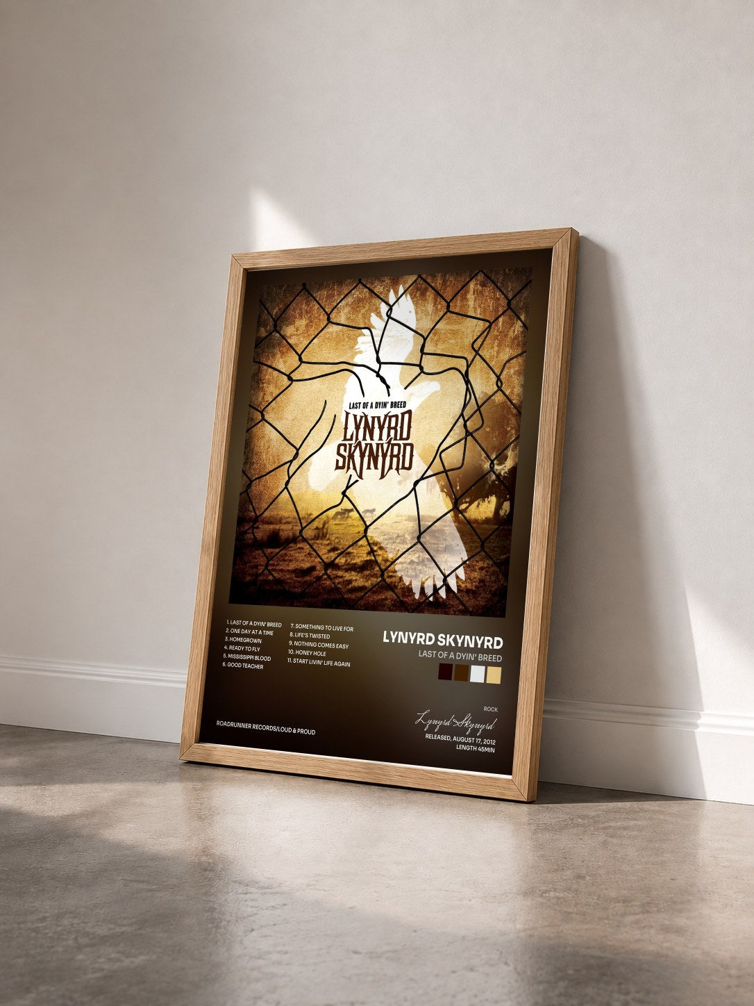 #bois Tableau de l'album Last of a Dyin' Breed de Lynyrd Skynyrd vu de trois quarts, cadre en bois brut