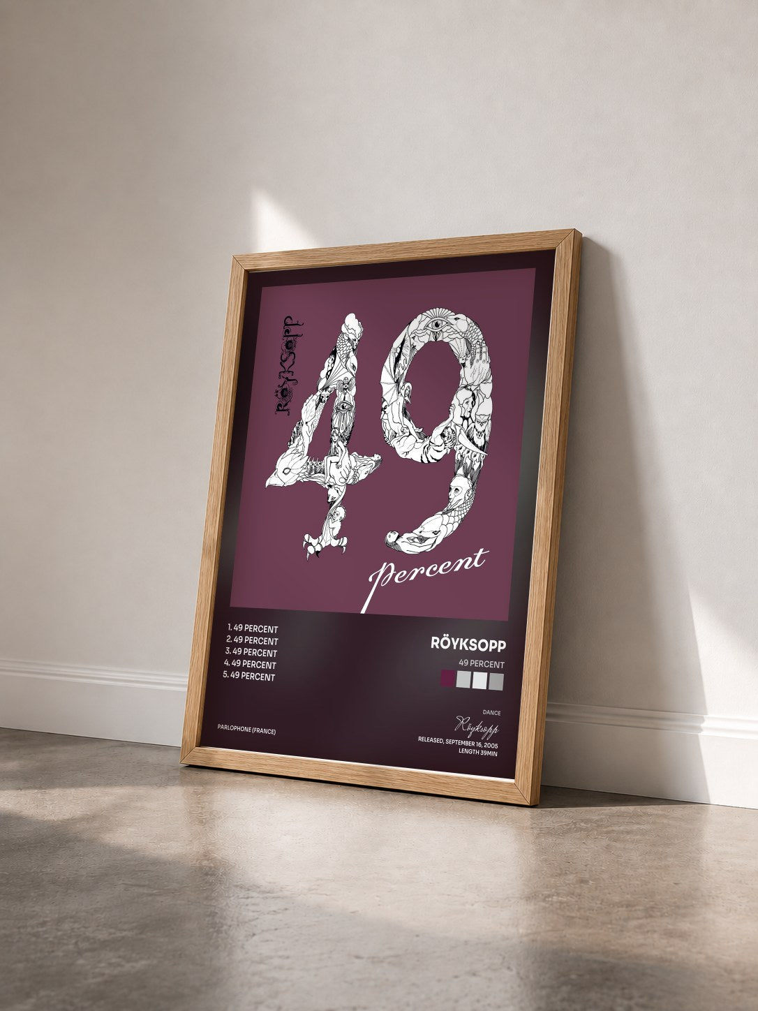 #bois Tableau de l'album 49 Percent de Röyksopp vu de trois quarts, cadre en bois brut