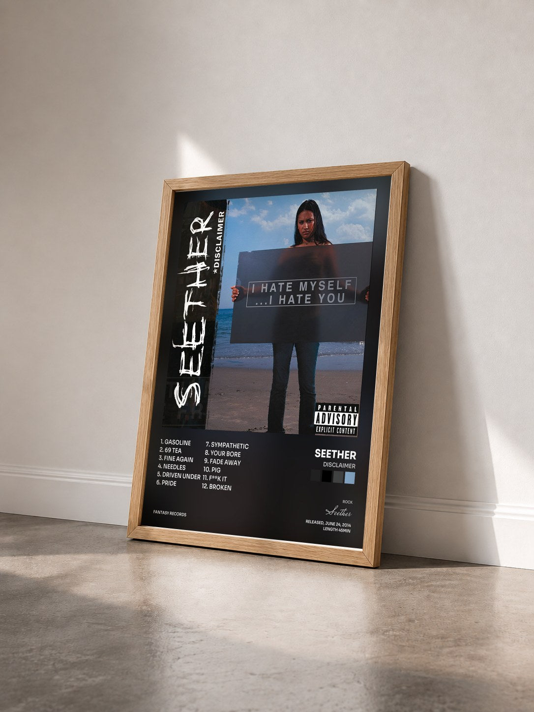 #bois Tableau de l'album Disclaimer de Seether vu de trois quarts, cadre en bois brut