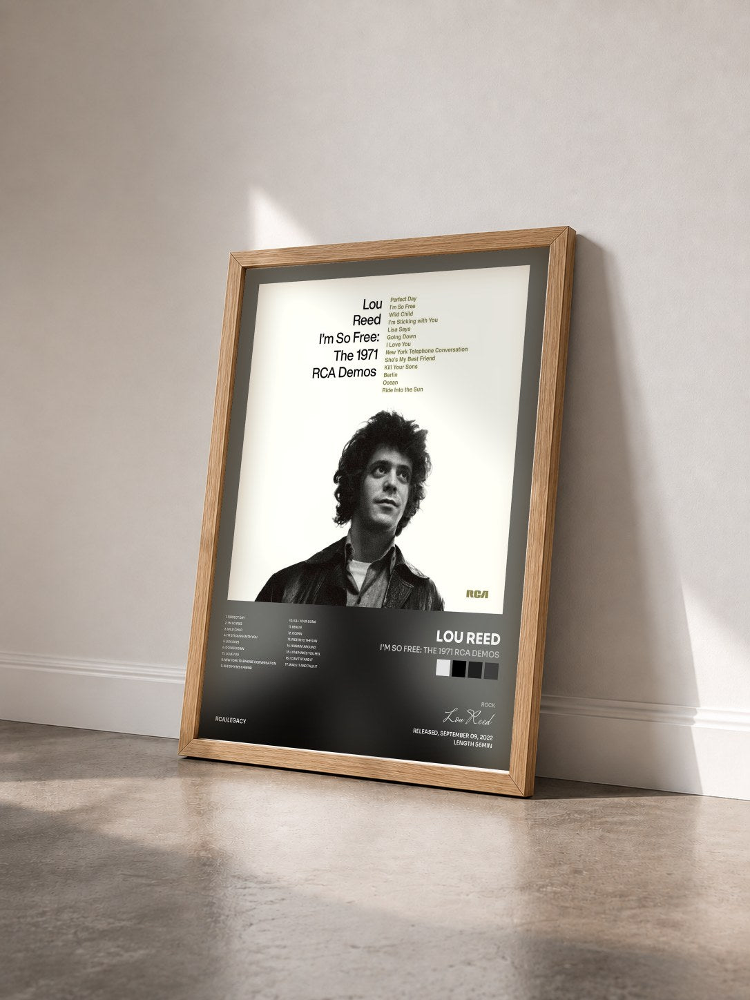 #bois Tableau de l'album I'm So Free: The 1971 RCA Demos de Lou Reed vu de trois quarts, cadre en bois brut