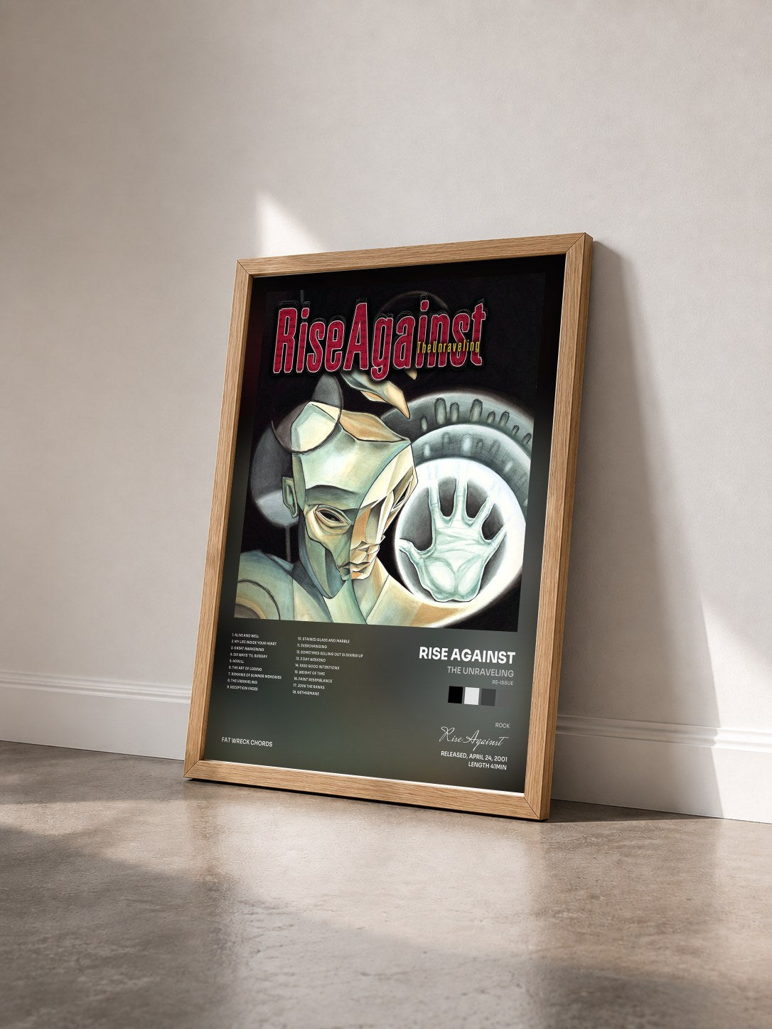 #bois Tableau de l'album The Unraveling (Re-Issue) de Rise Against vu de trois quarts, cadre en bois brut
