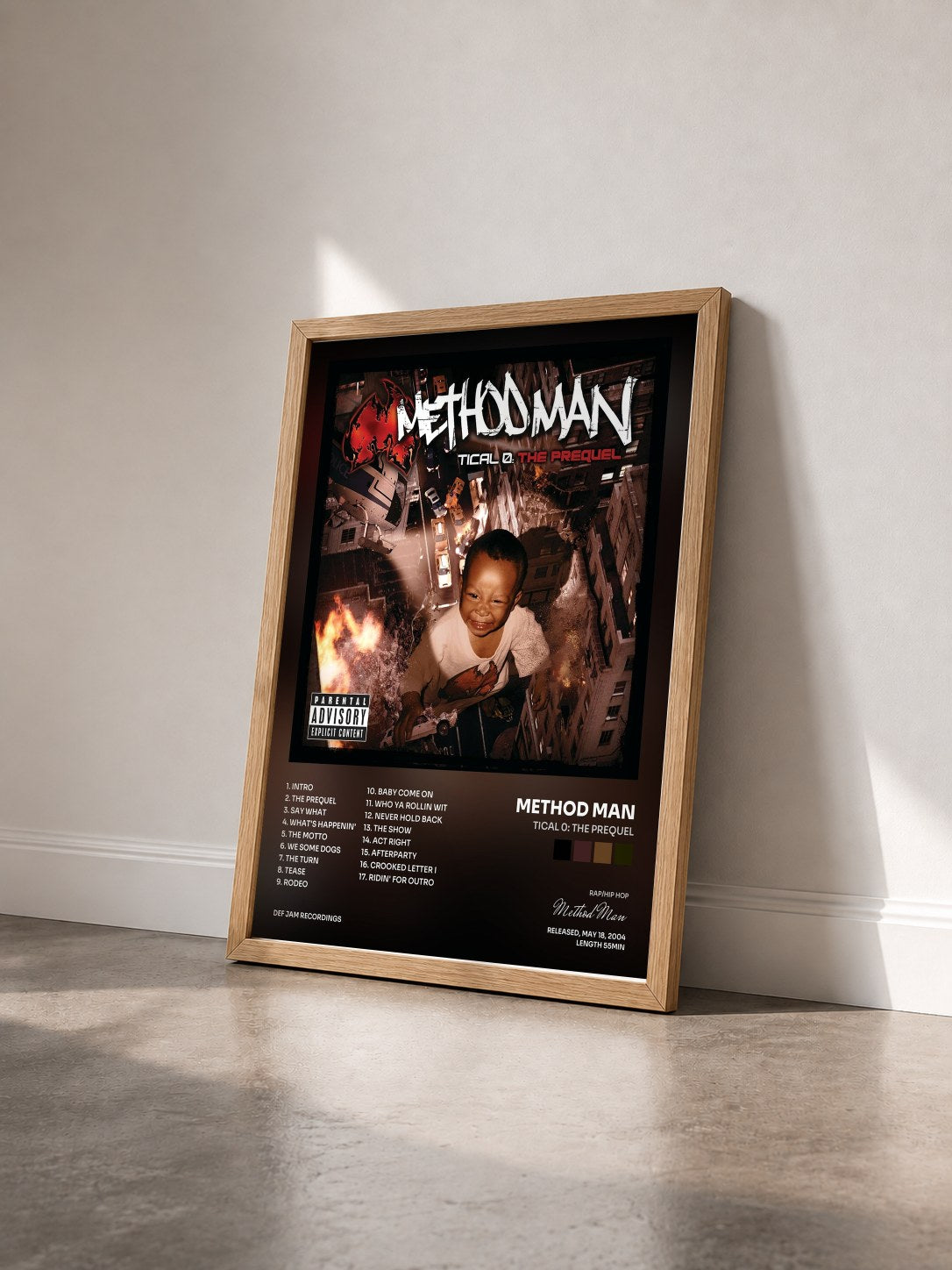 #bois Tableau de l'album Tical 0: The Prequel de Method Man vu de trois quarts, cadre en bois brut