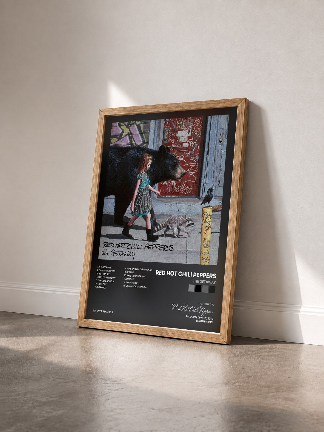 #bois Tableau de l'album The Getaway de Red Hot Chili Peppers vu de trois quarts, cadre en bois brut