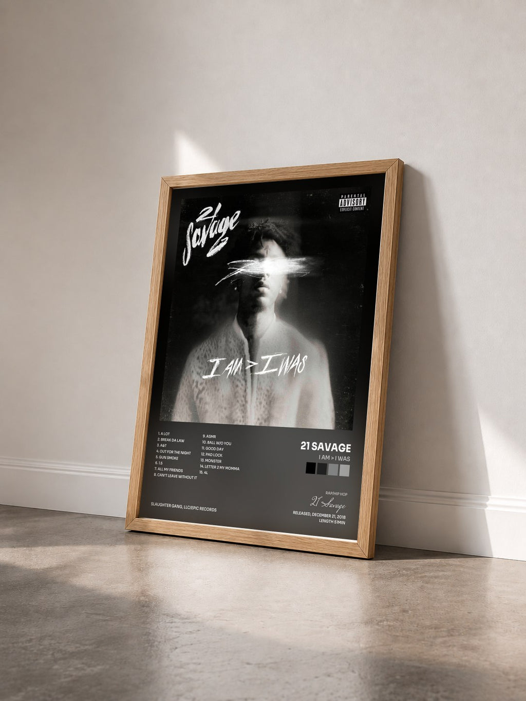 #bois Tableau de l'album i am > i was de 21 Savage vu de trois quarts, cadre en bois brut