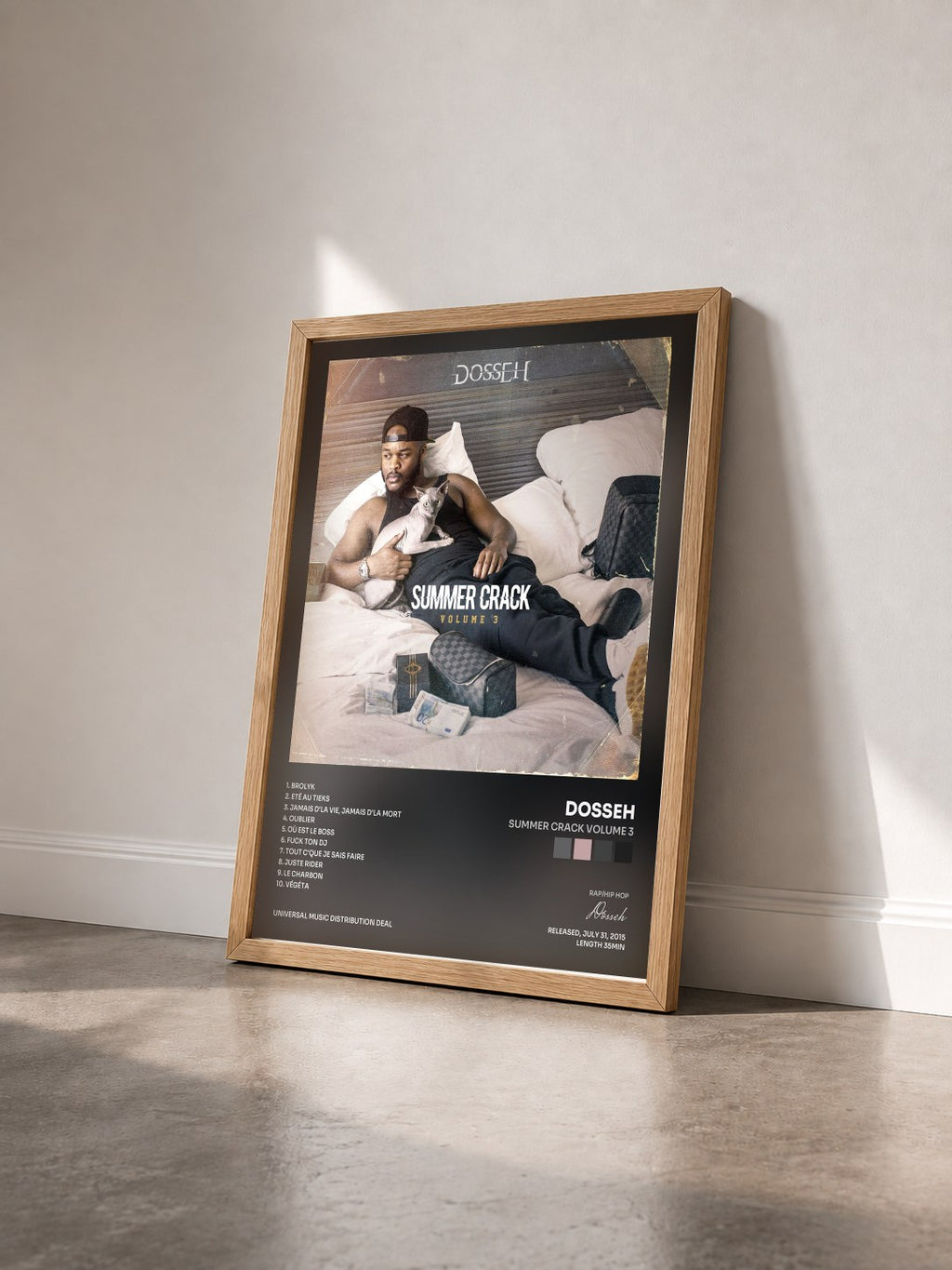 #bois Tableau de l'album Summer Crack Volume 3 de Dosseh vu de trois quarts, cadre en bois brut