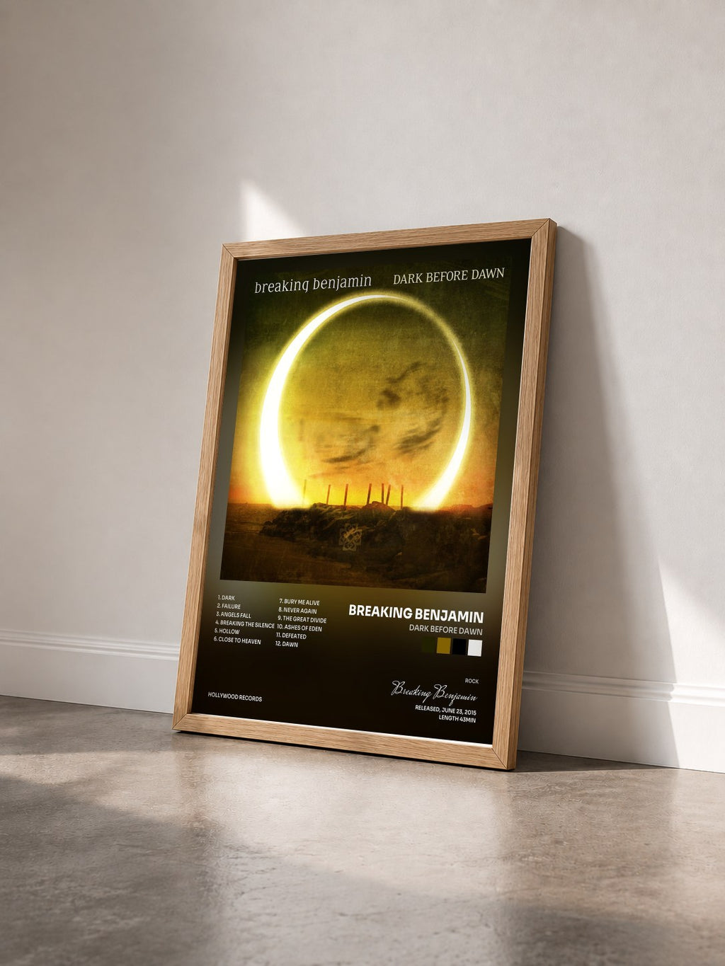 #bois Tableau de l'album Dark Before Dawn de Breaking Benjamin vu de trois quarts, cadre en bois brut