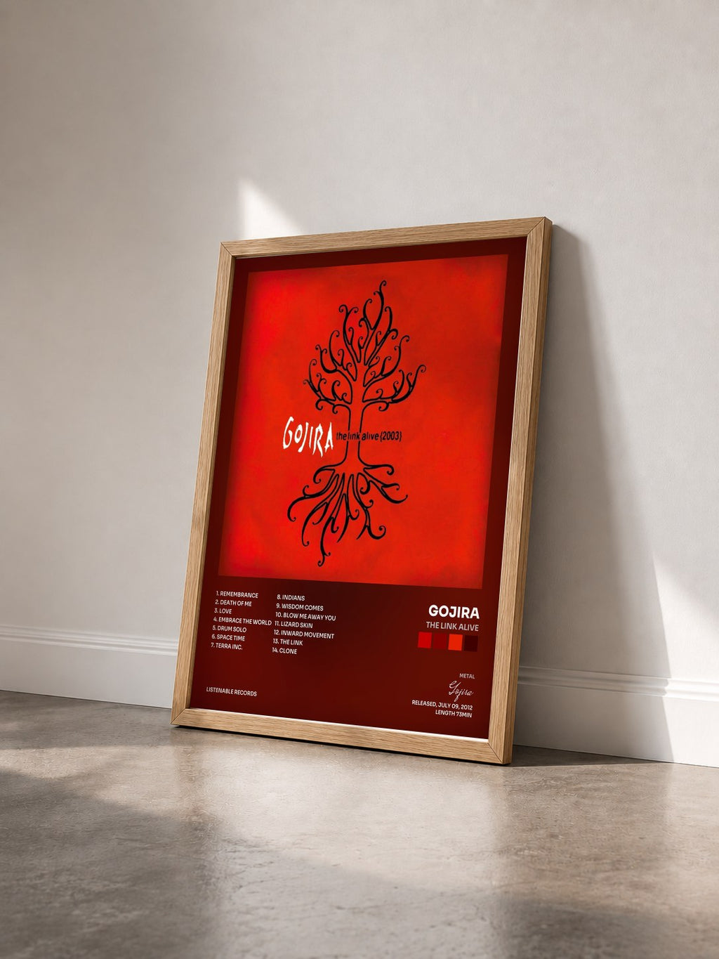 #bois Tableau de l'album The Link Alive de Gojira vu de trois quarts, cadre en bois brut