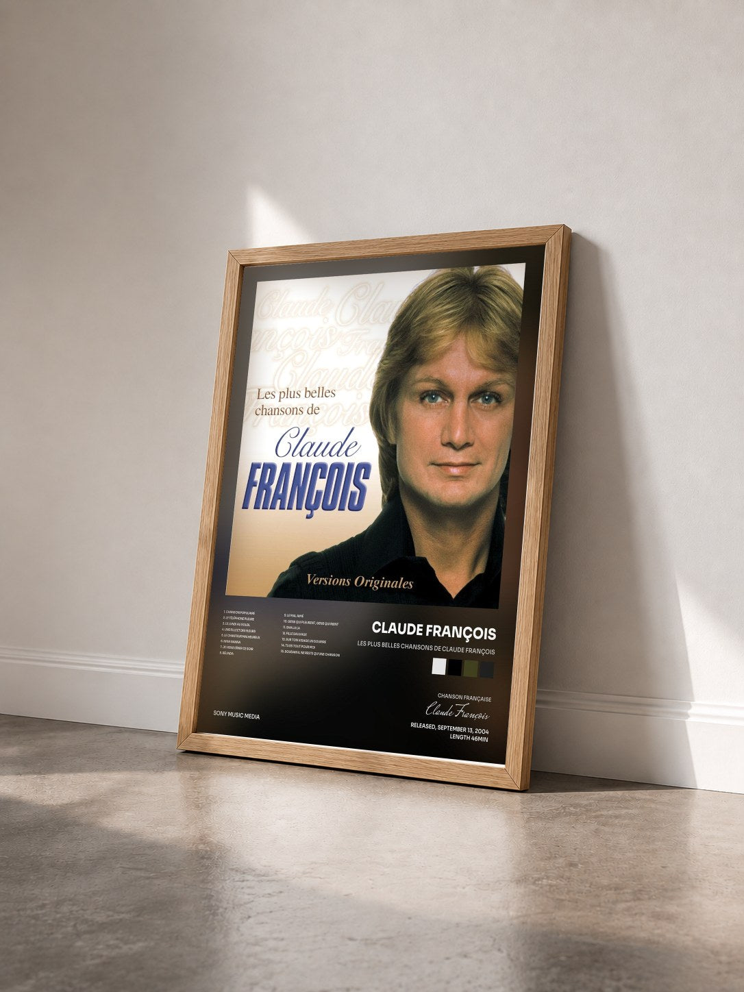 #bois Tableau de l'album Les Plus Belles Chansons De Claude François de Claude François vu de trois quarts, cadre en bois brut