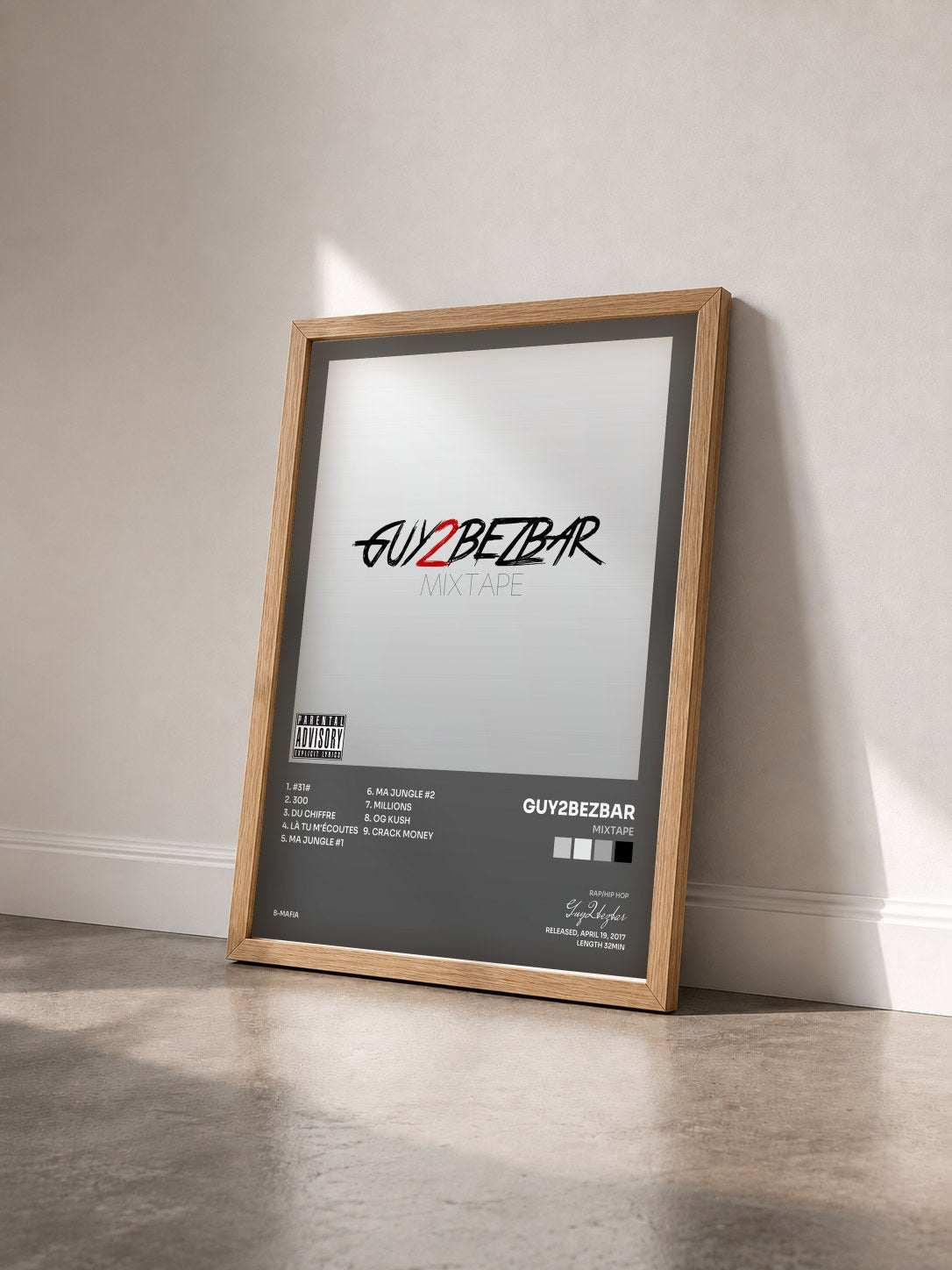 #bois Tableau de l'album Mixtape de Guy2bezbar vu de trois quarts, cadre en bois brut