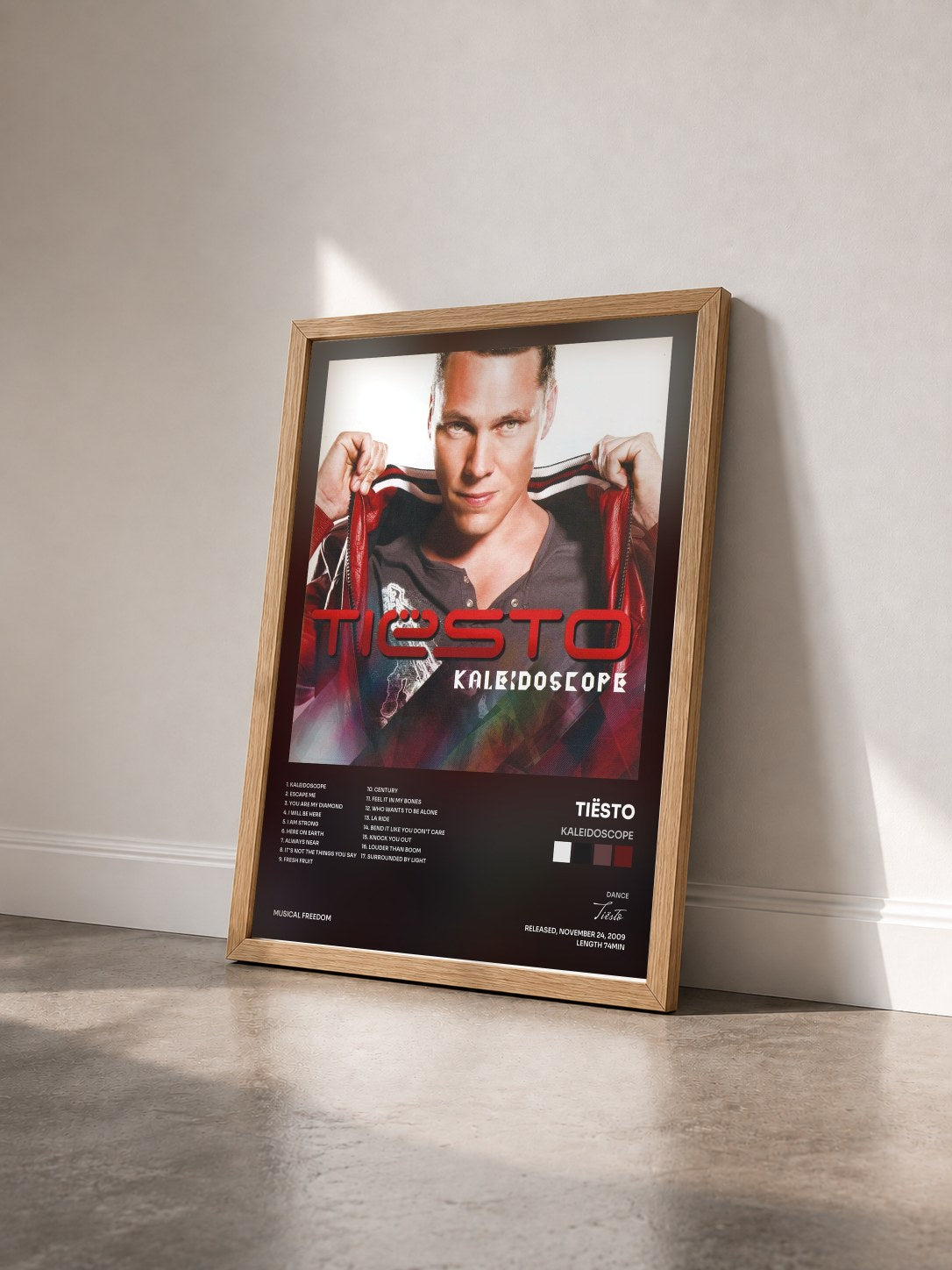 #bois Tableau de l'album Kaleidoscope de Tiësto vu de trois quarts, cadre en bois brut