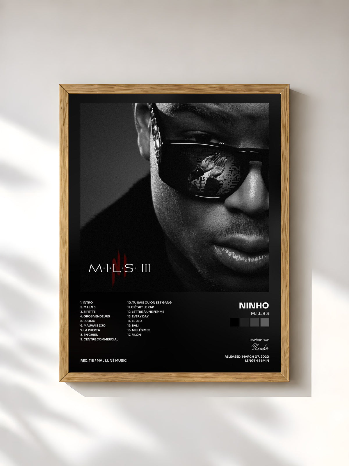 #bois Tableau de l'album M.I.L.S 3 de Ninho, cadre en bois brut, imprimé et encadré en France
