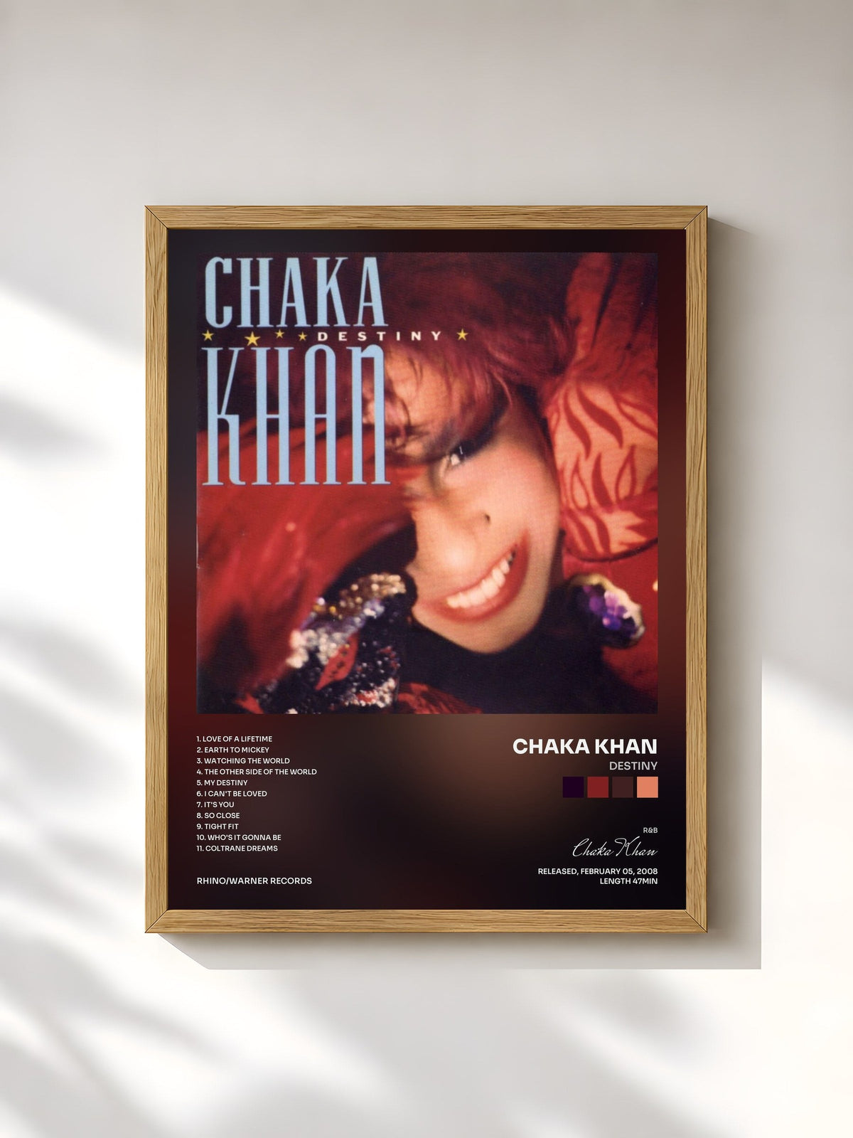#bois Tableau de l'album Destiny de Chaka Khan, cadre en bois brut, imprimé et encadré en France