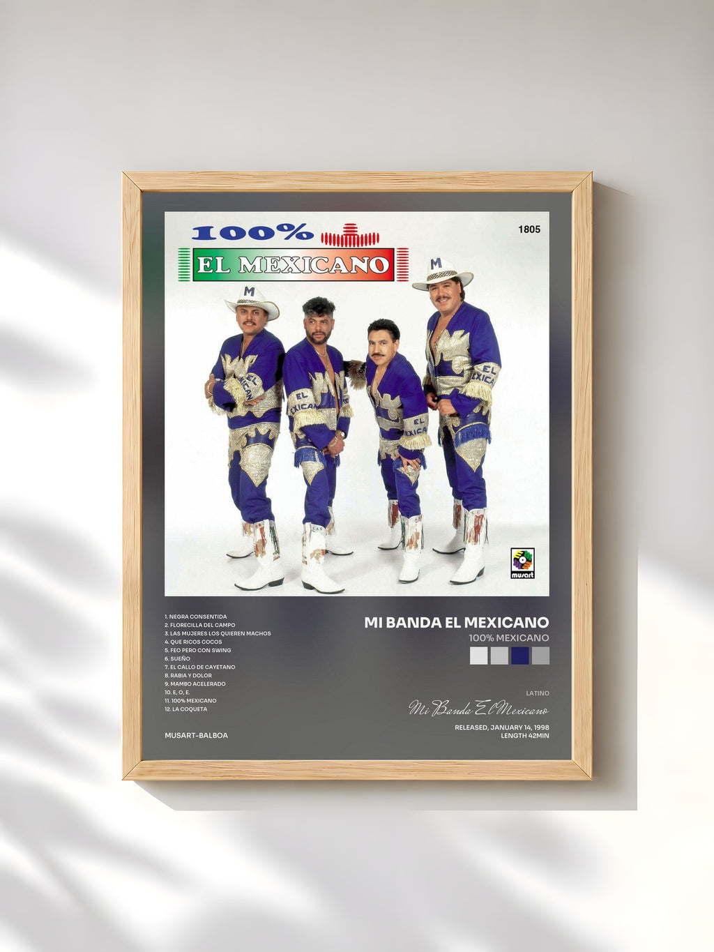 #bois Tableau de l'album 100% Mexicano de Mi Banda El Mexicano, cadre en bois brut, imprimé et encadré en France