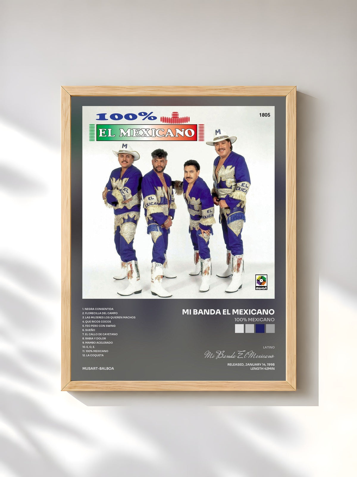 #bois Tableau de l'album 100% Mexicano de Mi Banda El Mexicano, cadre en bois brut, imprimé et encadré en France