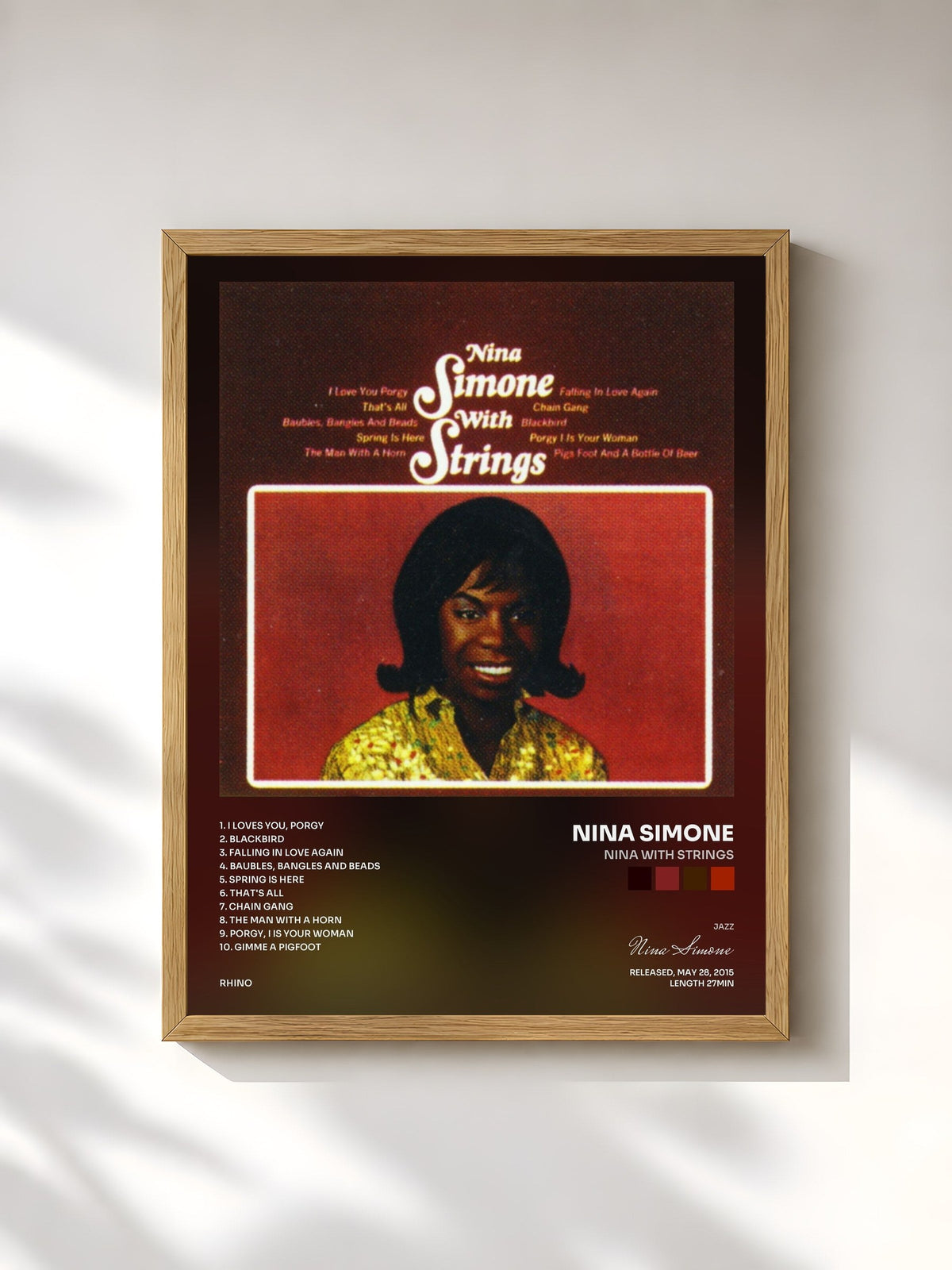 #bois Tableau de l'album Nina with Strings de Nina Simone, cadre en bois brut, imprimé et encadré en France