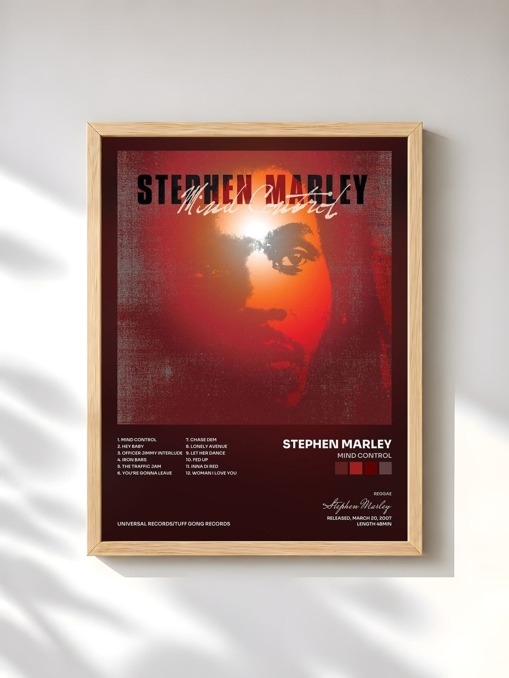 #bois Tableau de l'album Mind Control de Stephen Marley, cadre en bois brut, imprimé et encadré en France