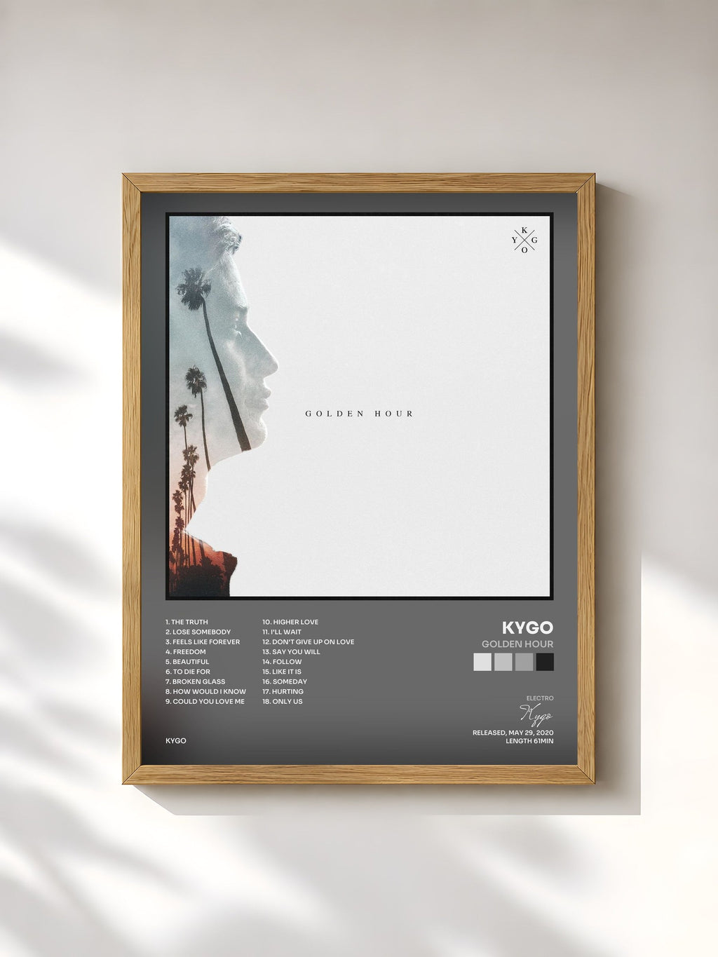#bois Tableau de l'album Golden Hour de Kygo, cadre en bois brut, imprimé et encadré en France