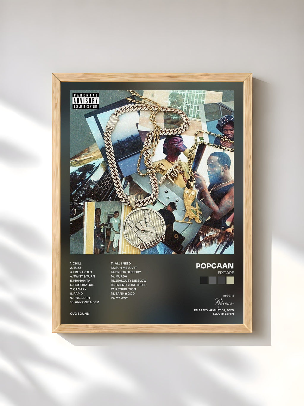 #bois Tableau de l'album FIXTAPE de Popcaan, cadre en bois brut, imprimé et encadré en France