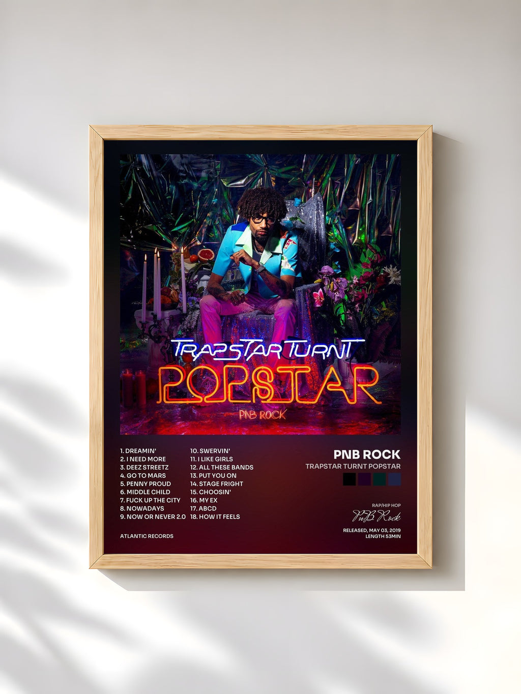 #bois Tableau de l'album TrapStar Turnt PopStar de PnB Rock, cadre en bois brut, imprimé et encadré en France