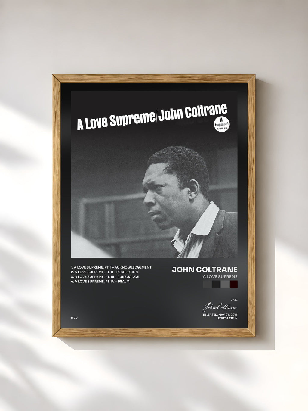 #bois Tableau de l'album A Love Supreme de John Coltrane, cadre en bois brut, imprimé et encadré en France