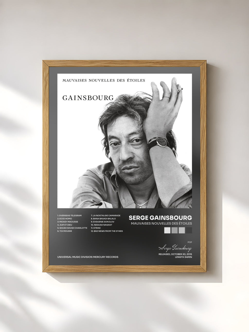 #bois Tableau de l'album Mauvaises nouvelles des étoiles de Serge Gainsbourg, cadre en bois brut, imprimé et encadré en France