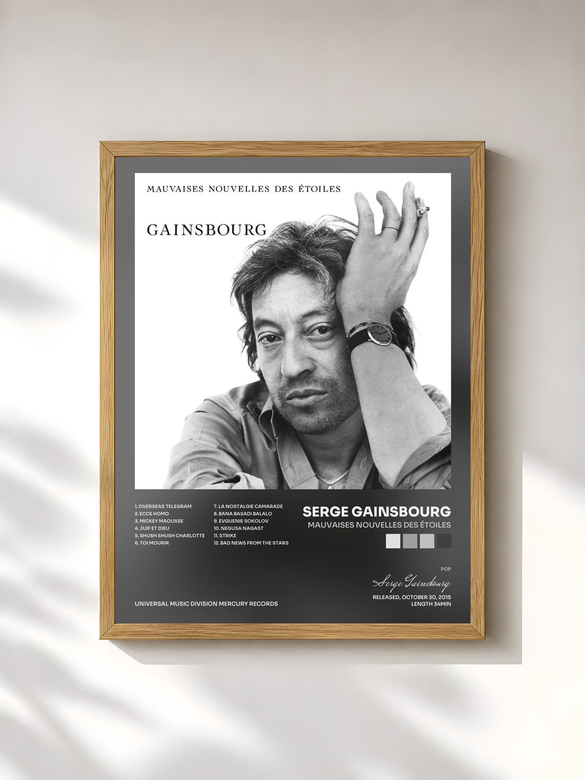 #bois Tableau de l'album Mauvaises nouvelles des étoiles de Serge Gainsbourg, cadre en bois brut, imprimé et encadré en France