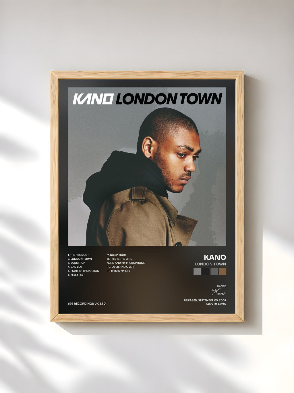 #bois Tableau de l'album London Town de Kano, cadre en bois brut, imprimé et encadré en France