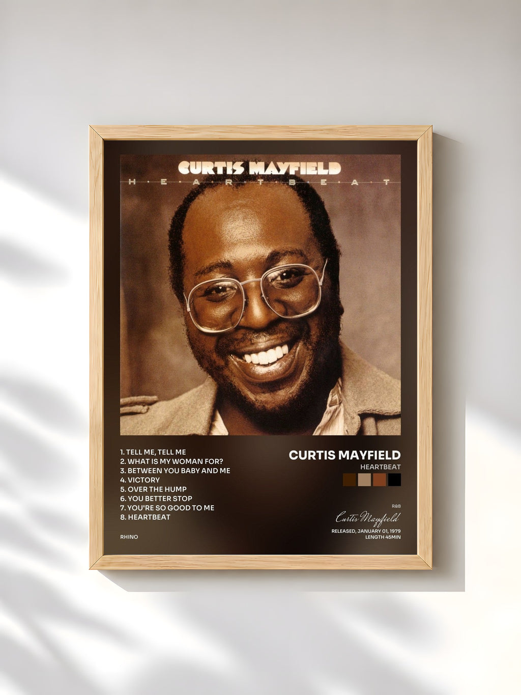 #bois Tableau de l'album Heartbeat de Curtis Mayfield, cadre en bois brut, imprimé et encadré en France