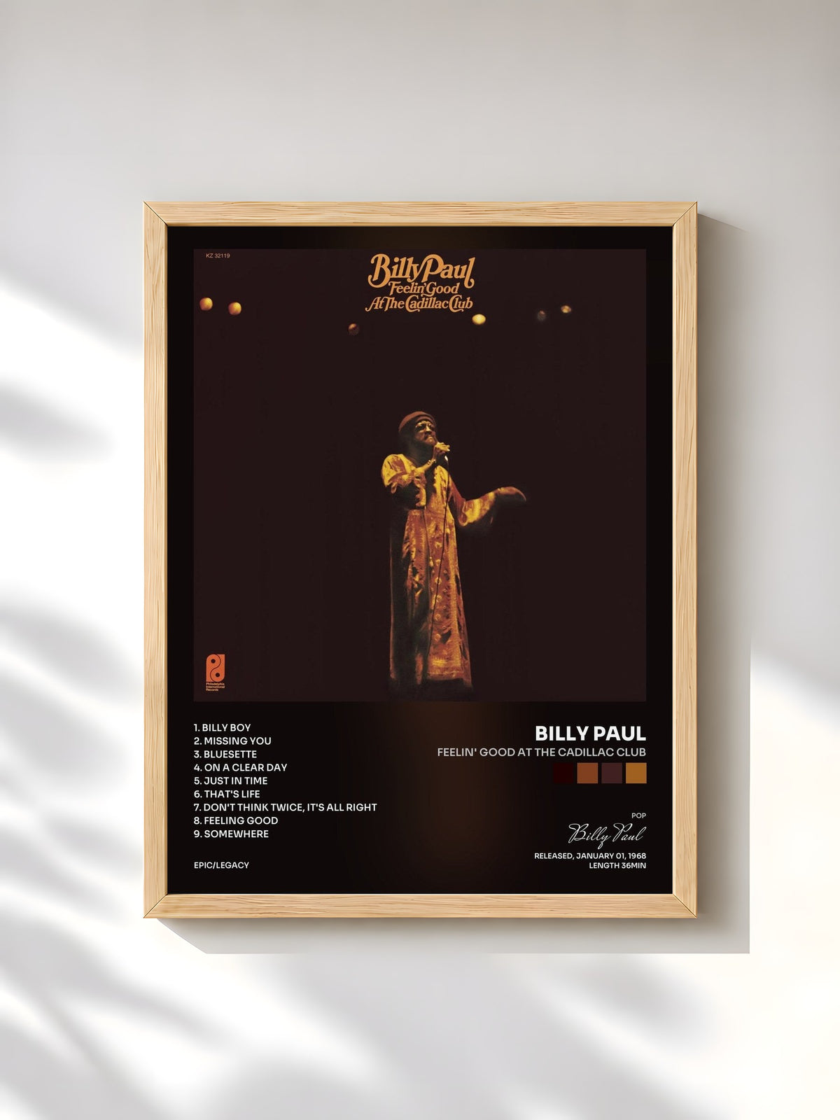 #bois Tableau de l'album Feelin' Good at the Cadillac Club de Billy Paul, cadre en bois brut, imprimé et encadré en France