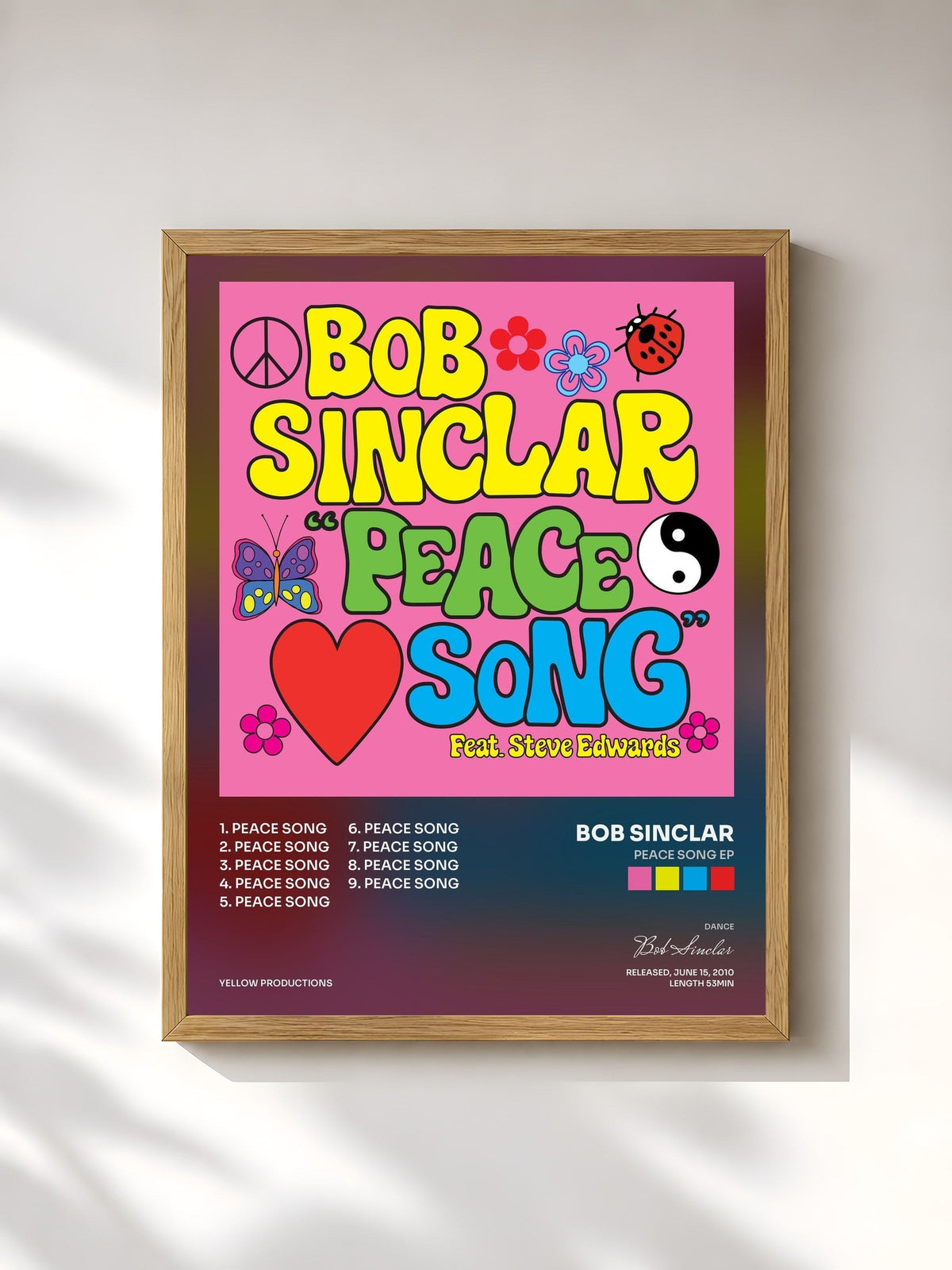 #bois Tableau de l'album Peace Song EP de Bob Sinclar, cadre en bois brut, imprimé et encadré en France