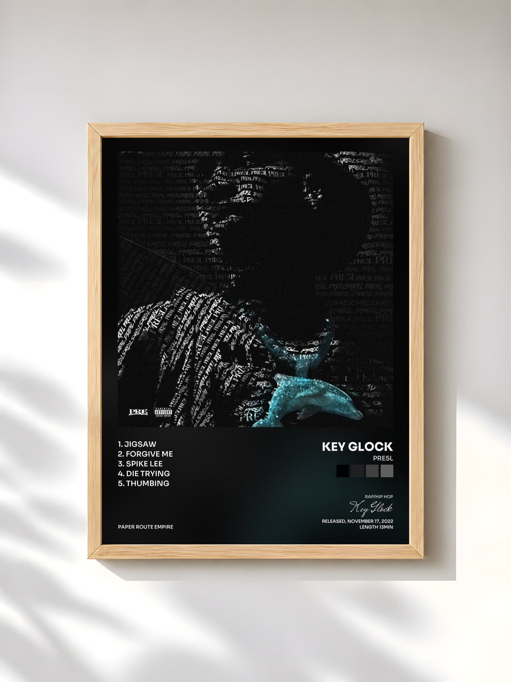 #bois Tableau de l'album PRE5L de Key Glock, cadre en bois brut, imprimé et encadré en France