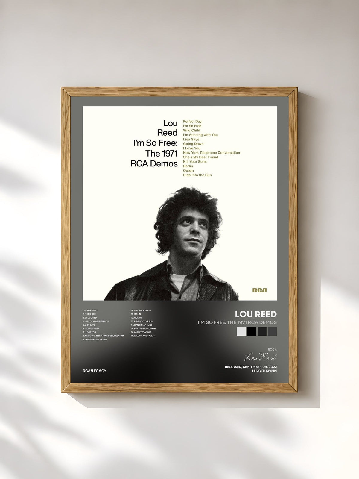 #bois Tableau de l'album I'm So Free: The 1971 RCA Demos de Lou Reed, cadre en bois brut, imprimé et encadré en France