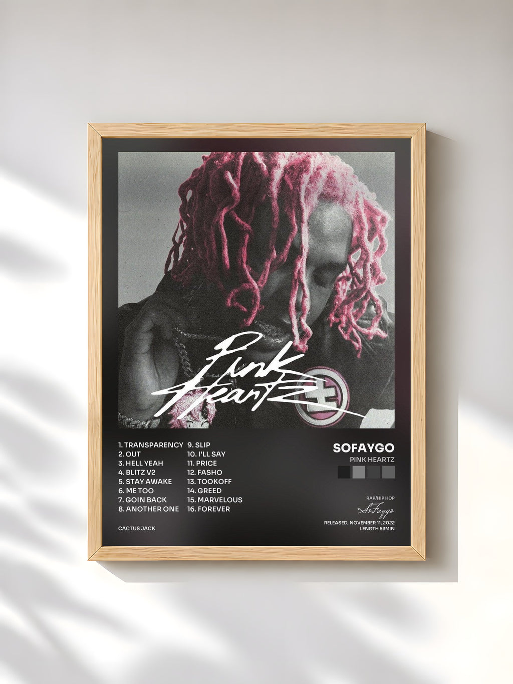 #bois Tableau de l'album Pink Heartz de SoFaygo, cadre en bois brut, imprimé et encadré en France