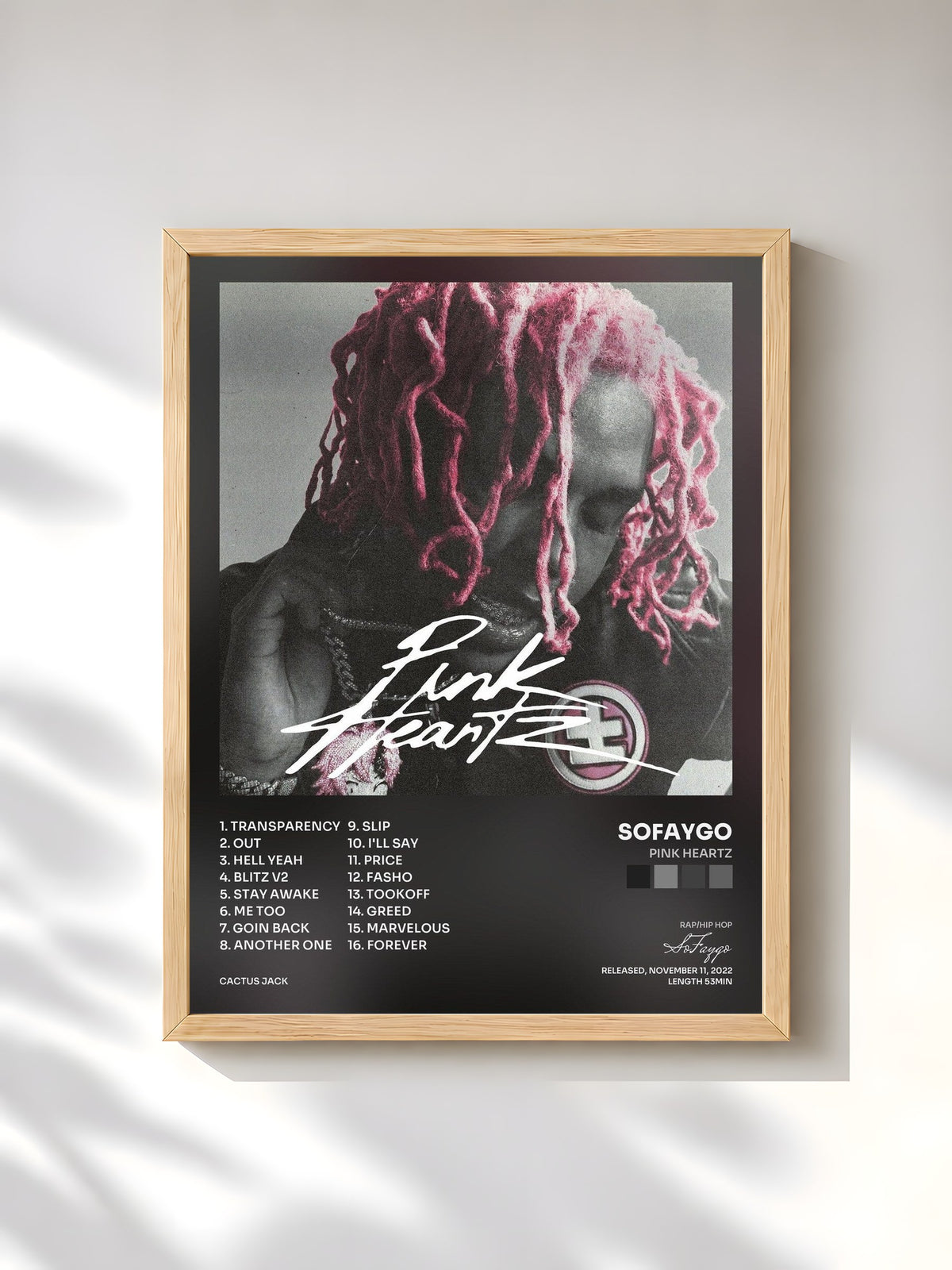 #bois Tableau de l'album Pink Heartz de SoFaygo, cadre en bois brut, imprimé et encadré en France