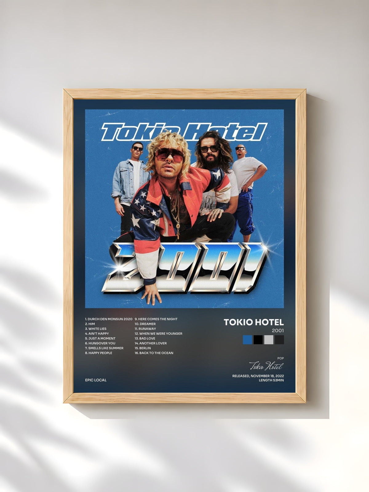 #bois Tableau de l'album 2001 de Tokio Hotel, cadre en bois brut, imprimé et encadré en France