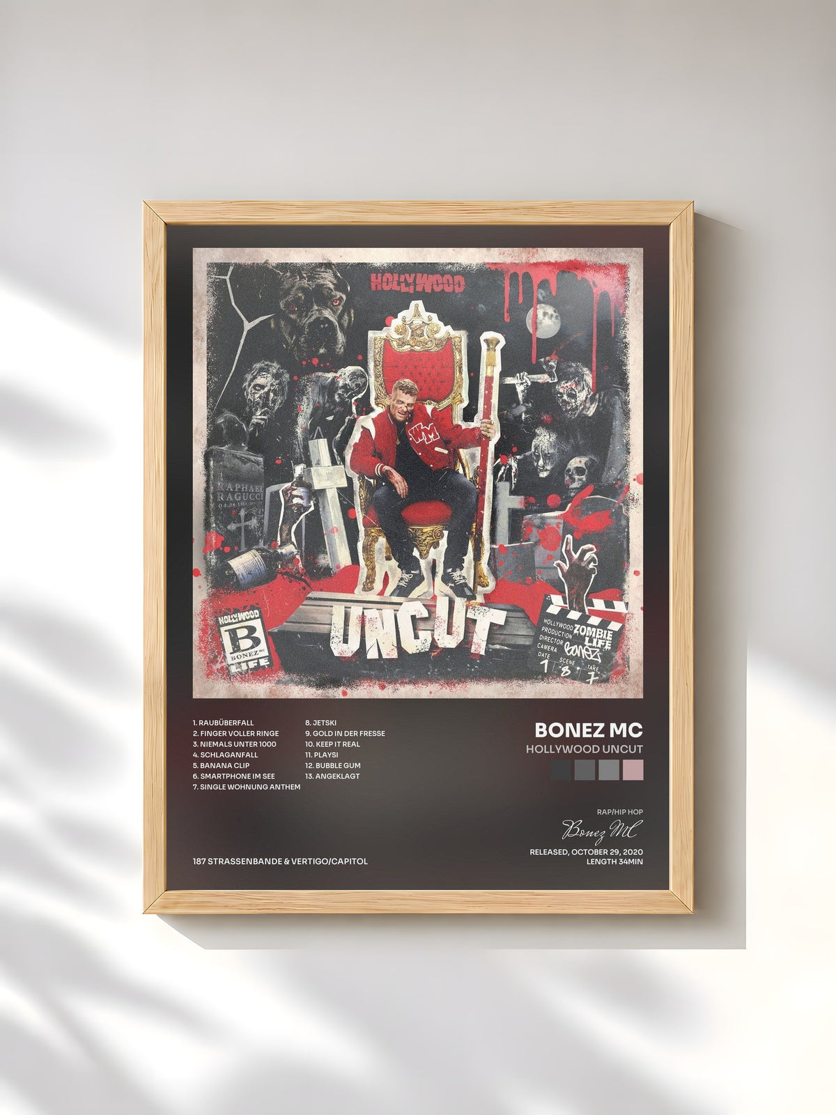#bois Tableau de l'album Hollywood Uncut de Bonez MC, cadre en bois brut, imprimé et encadré en France