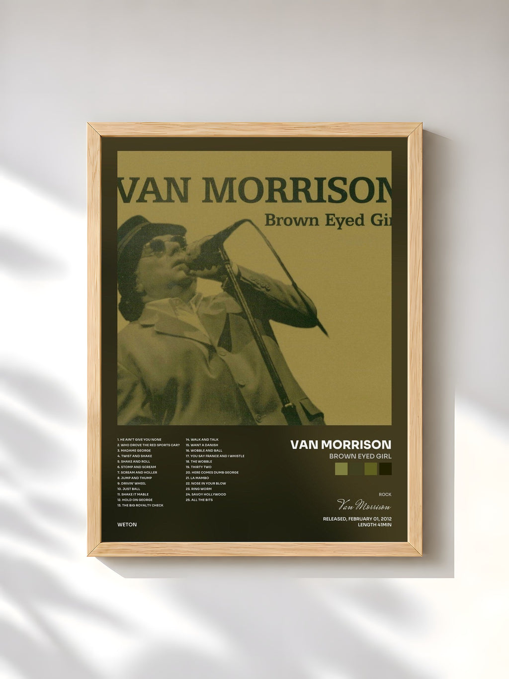 #bois Tableau de l'album Brown Eyed Girl de Van Morrison, cadre en bois brut, imprimé et encadré en France