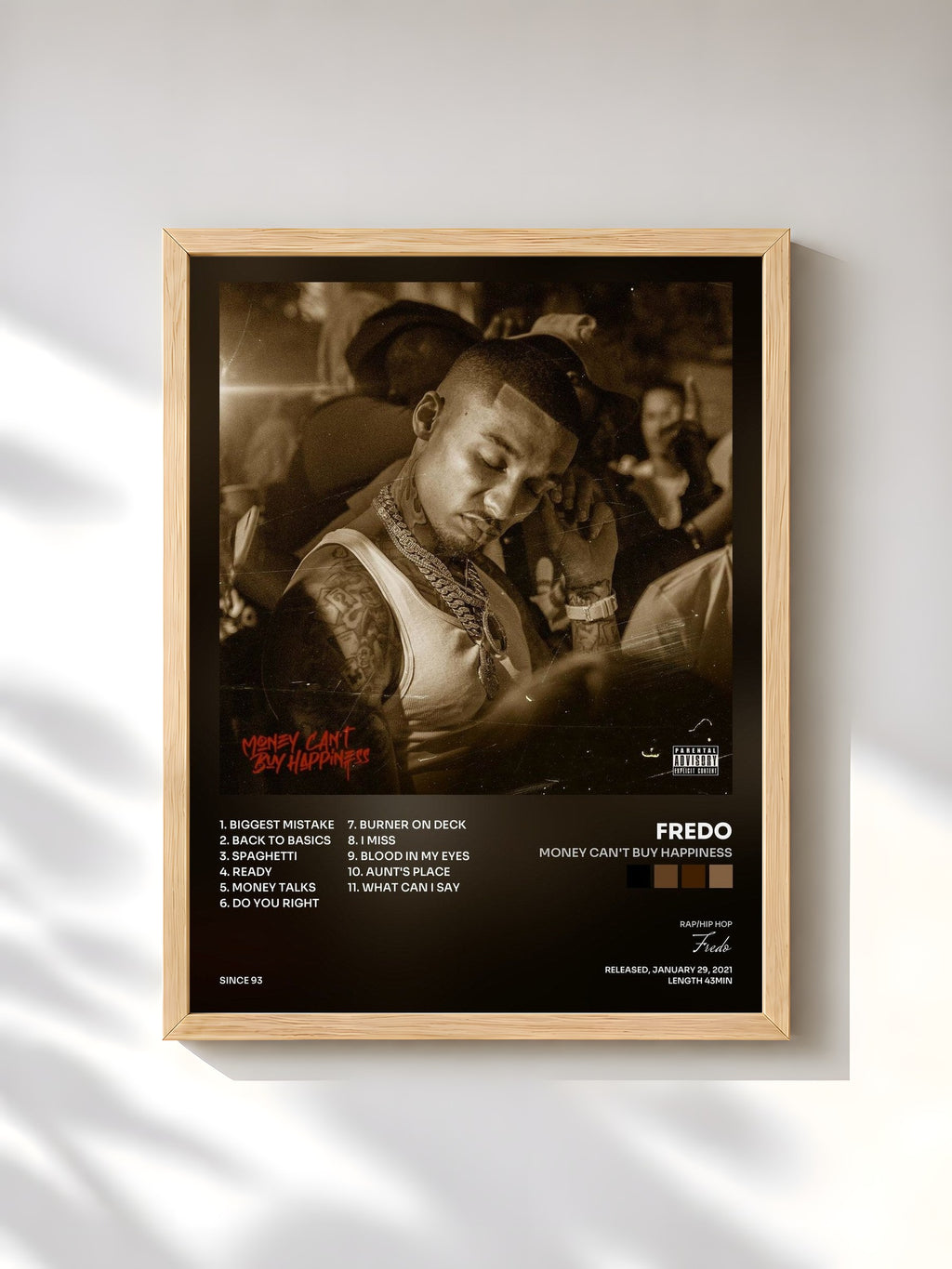 #bois Tableau de l'album Money Can't Buy Happiness de Fredo, cadre en bois brut, imprimé et encadré en France