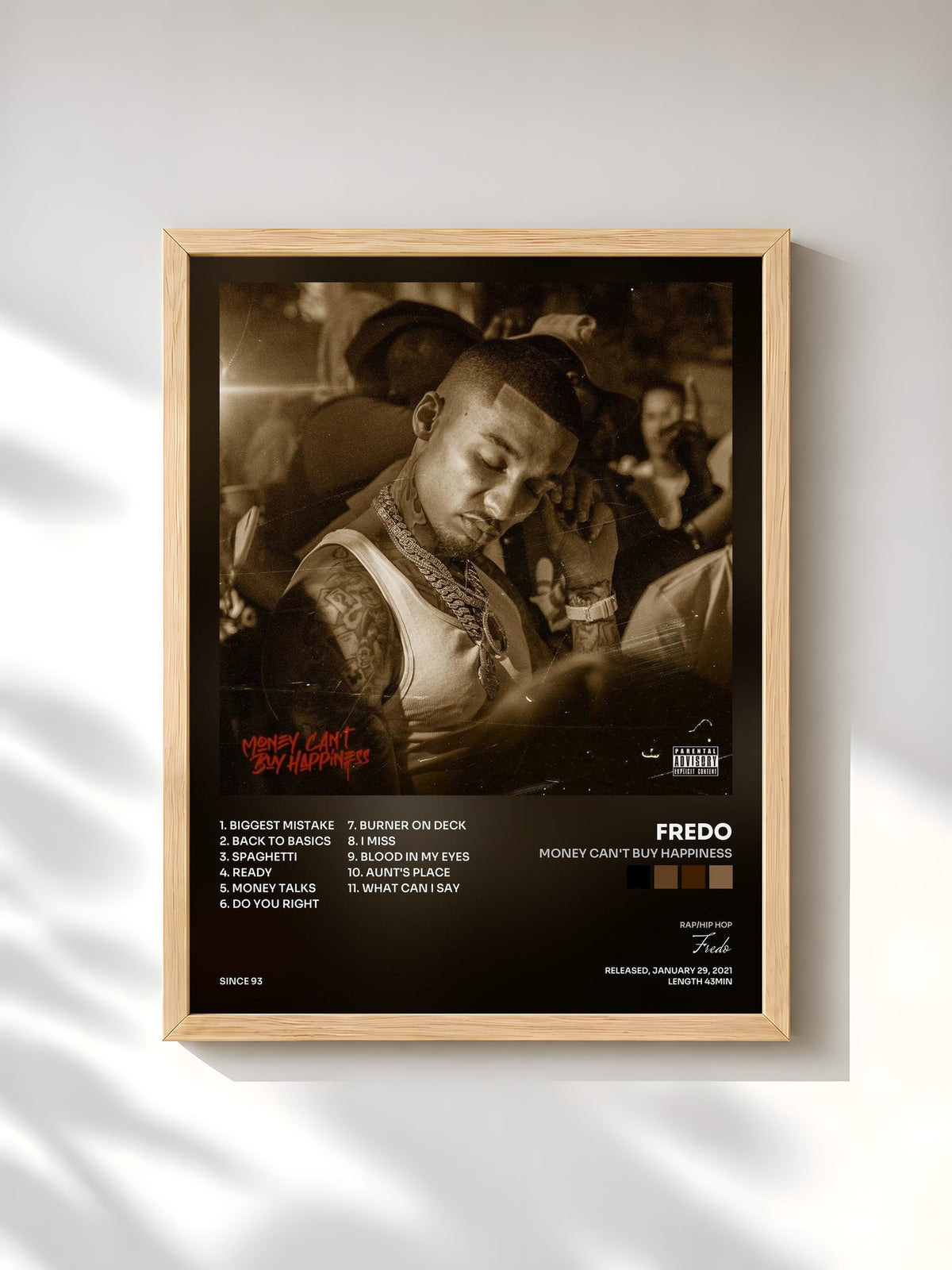 #bois Tableau de l'album Money Can't Buy Happiness de Fredo, cadre en bois brut, imprimé et encadré en France
