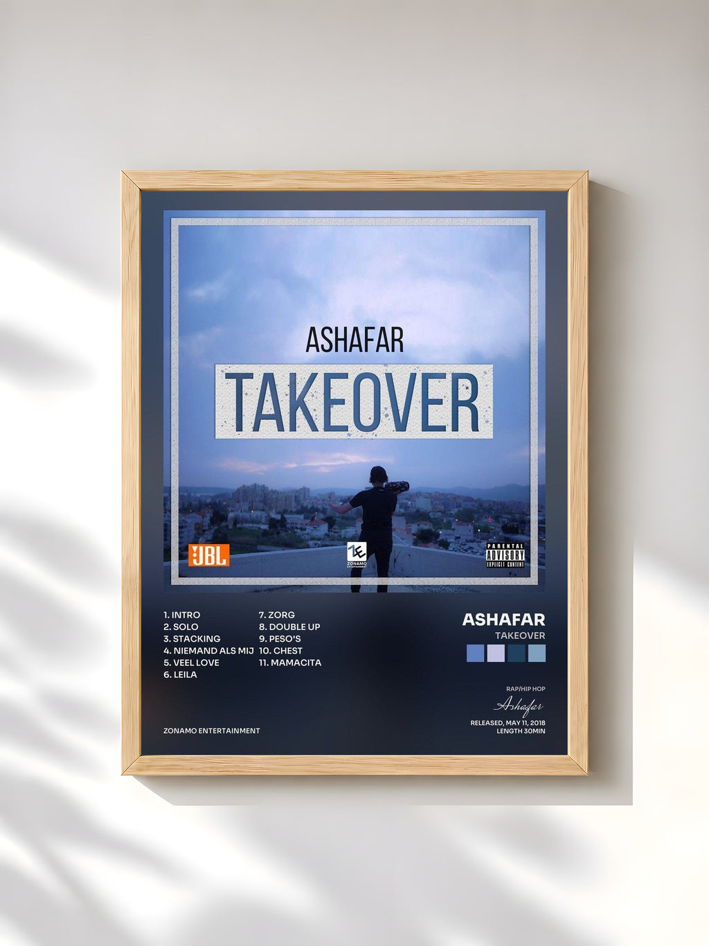 #bois Tableau de l'album TAKEOVER de Ashafar, cadre en bois brut, imprimé et encadré en France