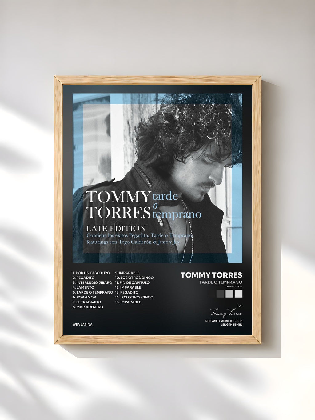 #bois Tableau de l'album Tarde O Temprano (Late Edition) de Tommy Torres, cadre en bois brut, imprimé et encadré en France