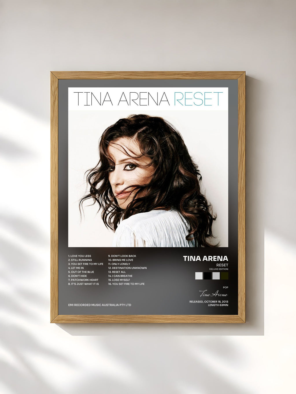 #bois Tableau de l'album Reset (Deluxe Edition) de Tina Arena, cadre en bois brut, imprimé et encadré en France