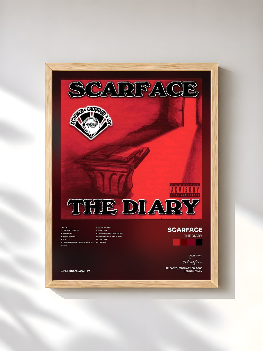 #bois Tableau de l'album The Diary de Scarface, cadre en bois brut, imprimé et encadré en France