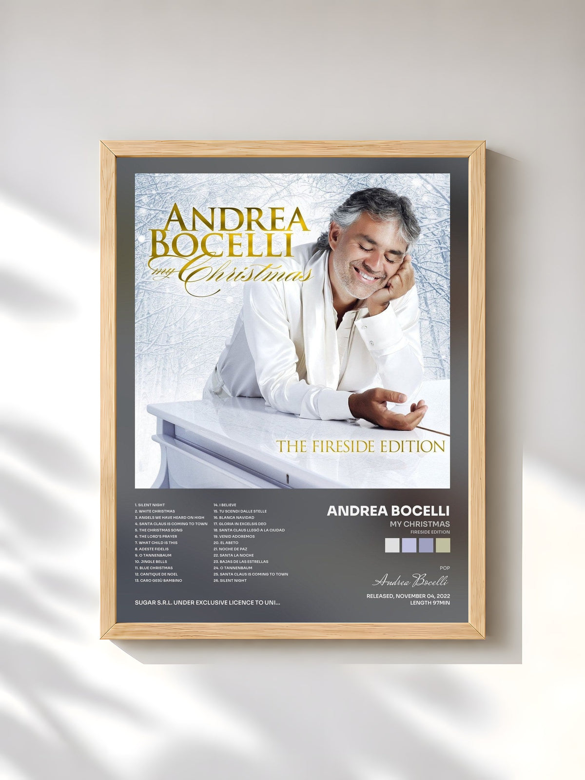 #bois Tableau de l'album My Christmas (Fireside Edition) de Andrea Bocelli, cadre en bois brut, imprimé et encadré en France