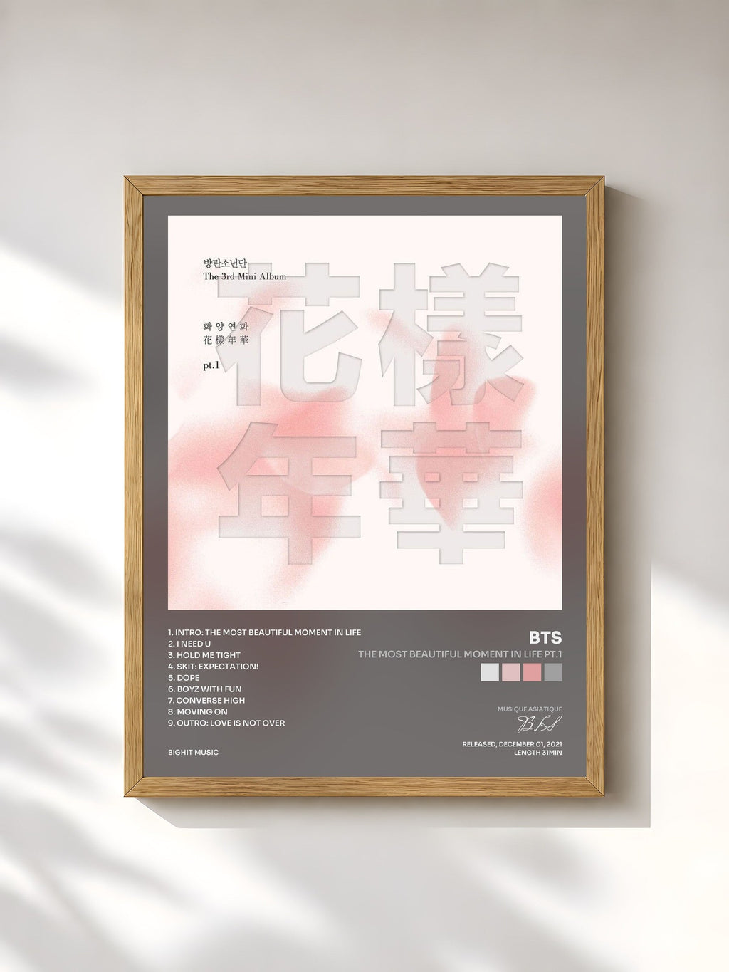 #bois Tableau de l'album The Most Beautiful Moment in Life Pt.1 de BTS, cadre en bois brut, imprimé et encadré en France