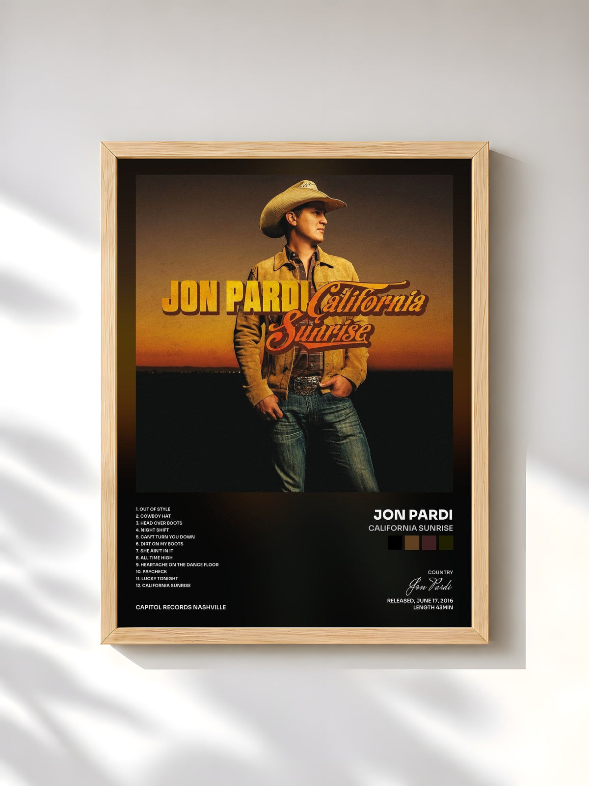 #bois Tableau de l'album California Sunrise de Jon Pardi, cadre en bois brut, imprimé et encadré en France