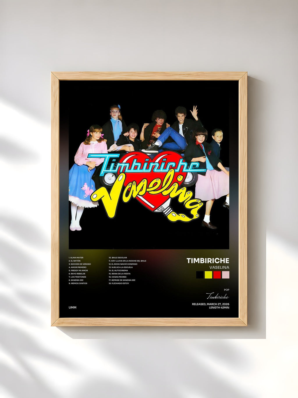 #bois Tableau de l'album Vaselina de Timbiriche, cadre en bois brut, imprimé et encadré en France