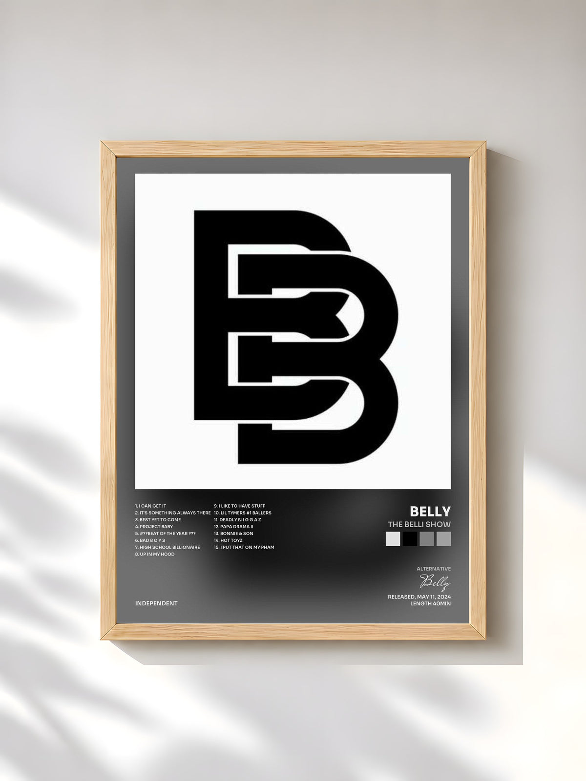 #bois Tableau de l'album The Belli Show de Belly, cadre en bois brut, imprimé et encadré en France